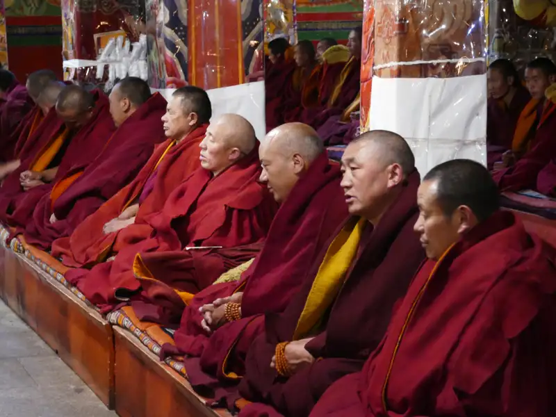 Mönche in roten Gewändern sitzen in Reihen und meditieren oder nehmen an einer Zeremonie teil.