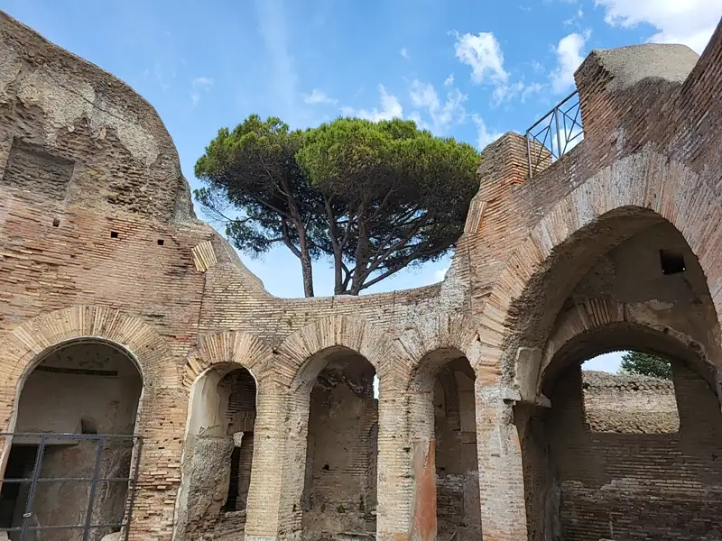 Antike römische Ruinen mit Bögen und einer Pinie.