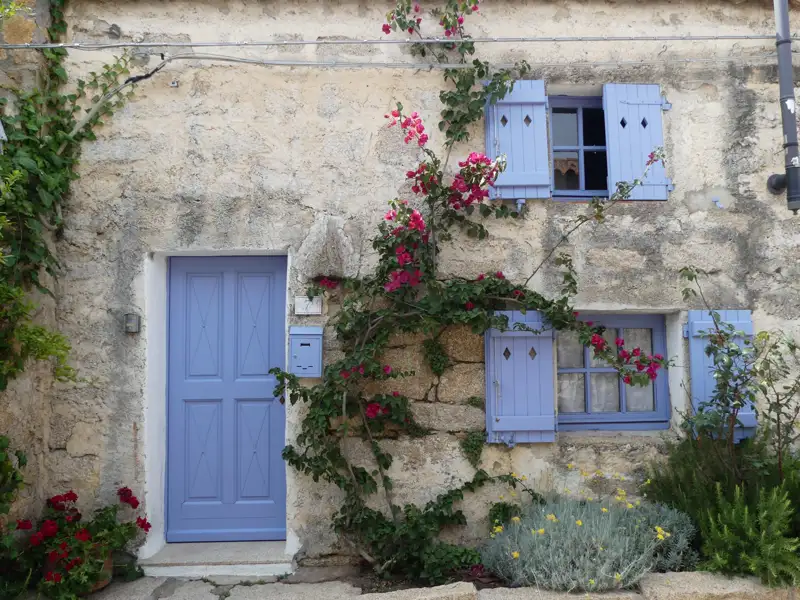 Lila Tür und Fensterläden an einem Steinhaus, umrankt von blühender Bougainvillea.