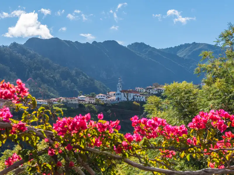 Blühende Bougainvillea im Vordergrund mit Blick auf ein Bergdorf und eine weiße Kirche.