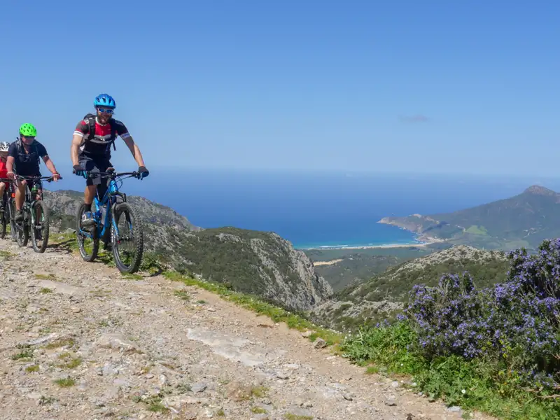 Drei Mountainbiker genießen die Aussicht während einer Fahrt entlang der Küste.