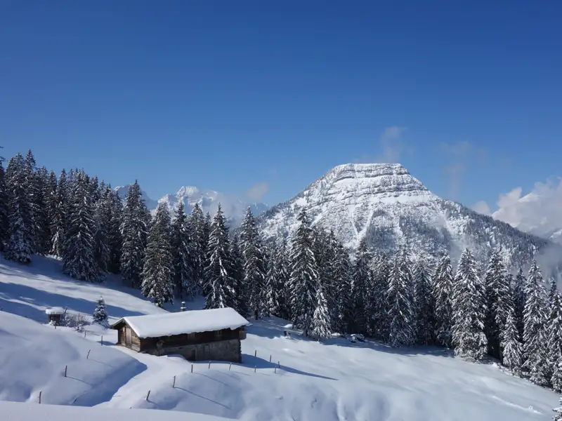 Verschneite Hütte in den Bergen im Winter.