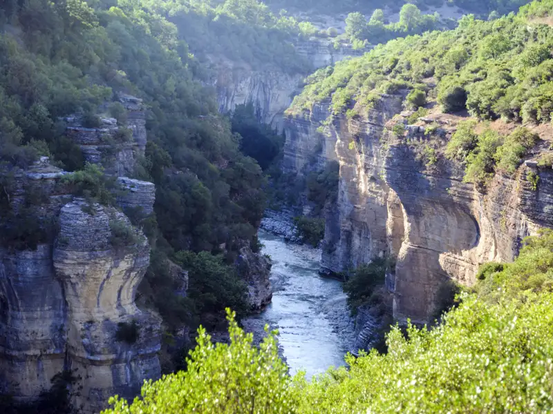 Flusslandschaft in einer Schlucht mit steilen Felswänden.