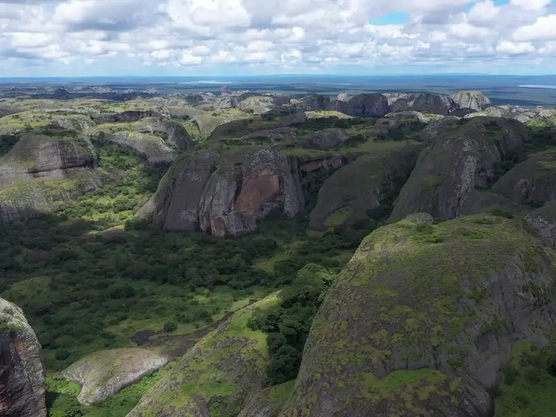 Luftbild der bewaldeten Hügel und Täler.