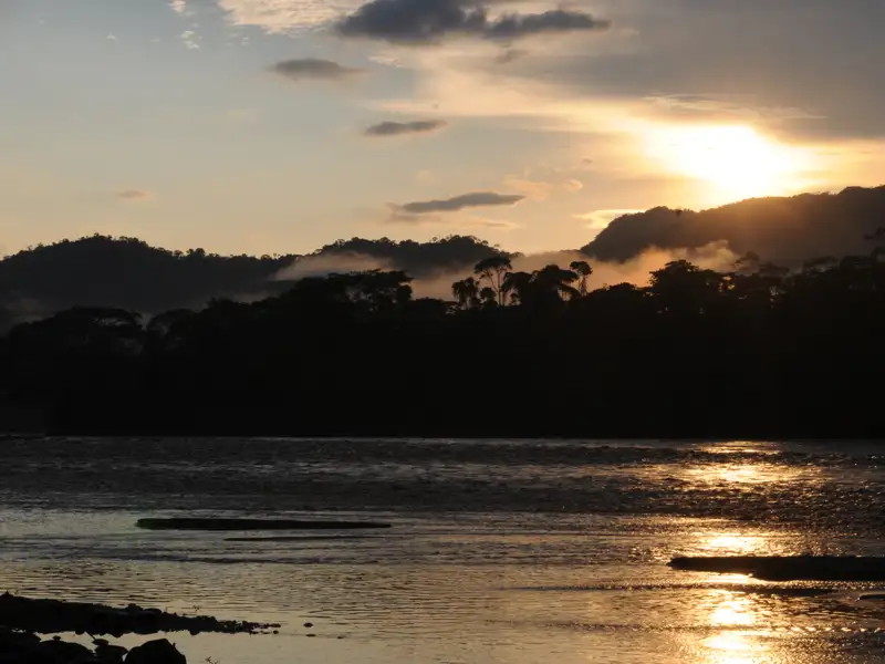 Sonnenuntergang über dem Fluss und dem Regenwald.