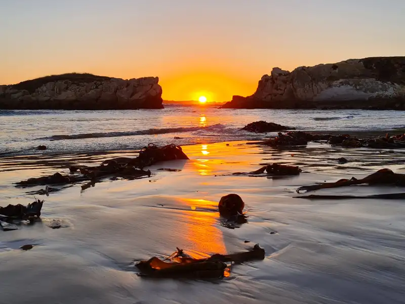 Sonnenuntergang zwischen Felsen am Strand mit Seetang im Vordergrund.