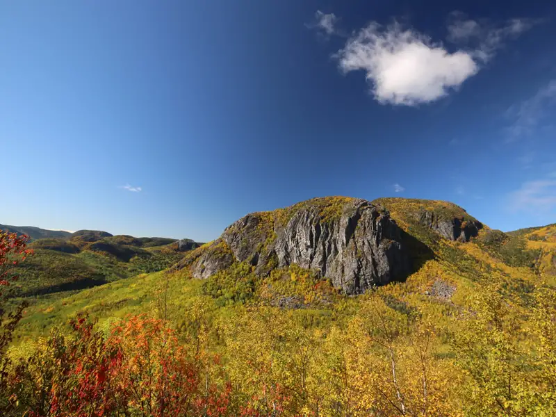 Herbstliche Hügellandschaft mit buntem Laub und Felsformationen.