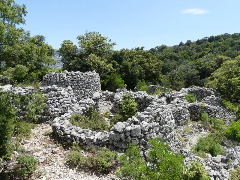 Verfallene Steinmauern einer historischen Stätte, umgeben von Vegetation.