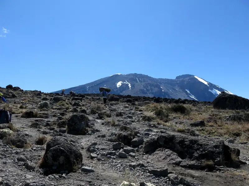 Wanderer tragen Gepäck auf einem felsigen Pfad in Richtung des schneebedeckten Berggipfels.