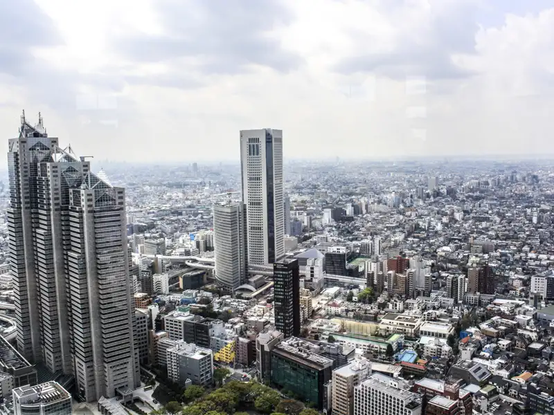 Panoramablick auf die Stadt Tokio mit hohen Gebäuden und urbaner Ausbreitung.