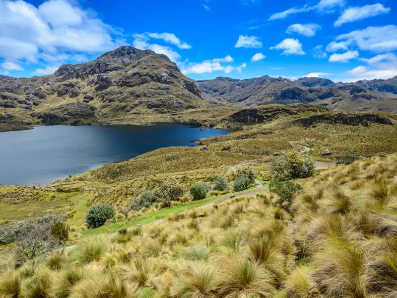 Panoramablick auf einen Bergsee und die umliegende Hügellandschaft.