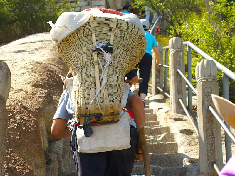 Träger mit großem Weidenkorb auf dem Rücken beim Aufstieg einer Steintreppe.