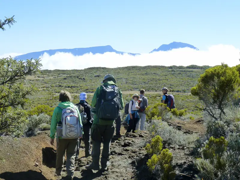 Wandergruppe auf einem Bergpfad mit Blick auf die Berge im Hintergrund.