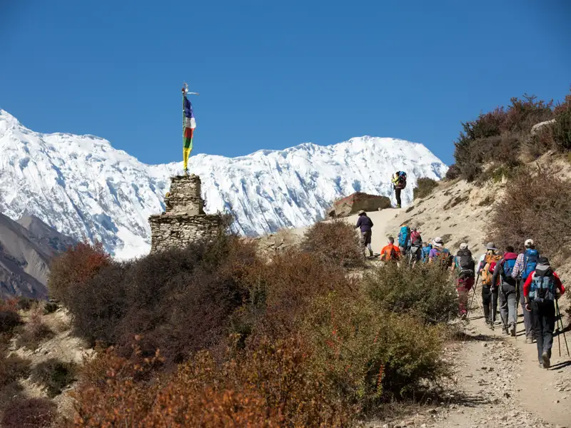 Wandergruppe auf einem Bergpfad im Himalaya mit Gebetsfahnen und schneebedeckten Bergen im Hintergrund.