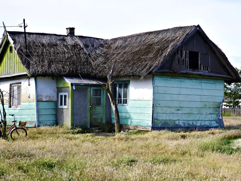 Abgebildetes Haus mit Reetdach und blaugrüner Fassade.
