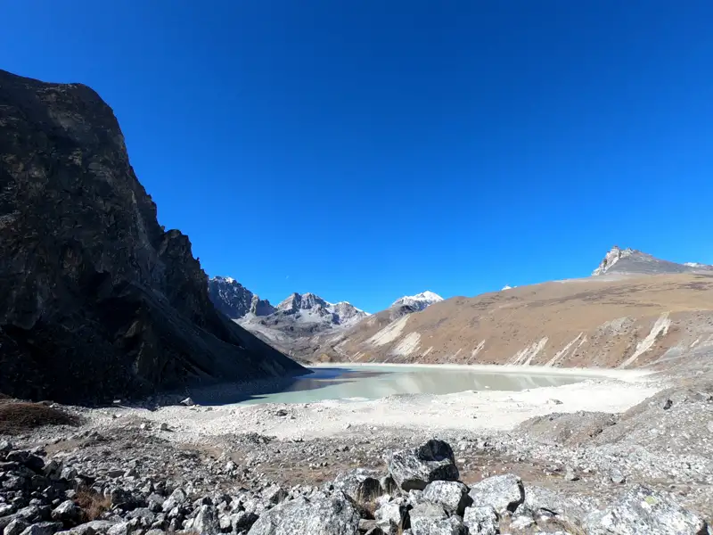 Panorama eines Bergsees im Himalaya mit Blick auf das felsige Ufer und die schneebedeckten Gipfel im Hintergrund.