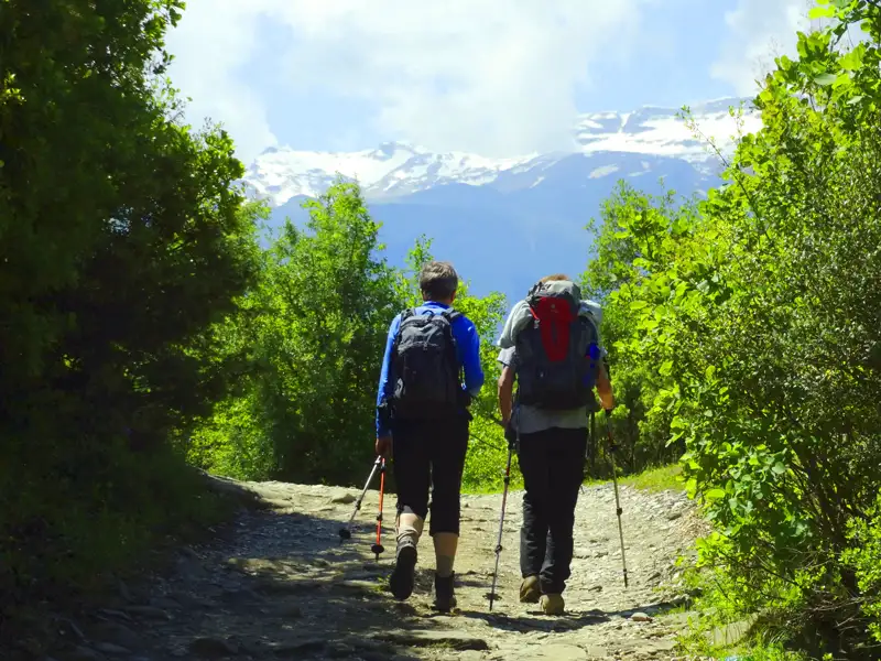 Zwei Wanderer mit Rucksäcken und Wanderstöcken auf einem Bergpfad in Richtung schneebedeckter Berge.