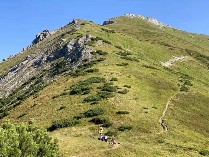 Wanderer pausieren auf einem grünen Berghang während einer Bergwanderung.