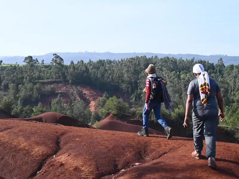 Zwei Wanderer erkunden die Landschaft auf einem Wanderweg mit markantem roten Boden.