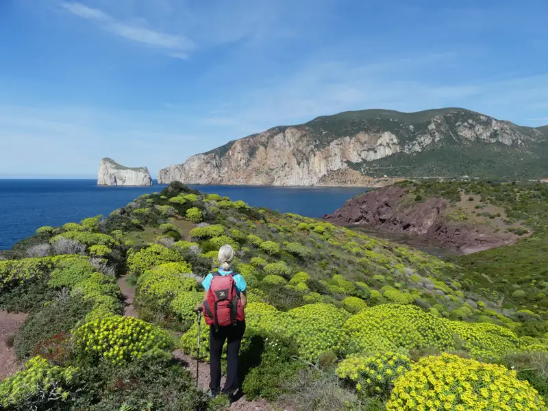 Wanderer auf einem Küstenpfad mit Blick auf das Meer und Felsformationen.