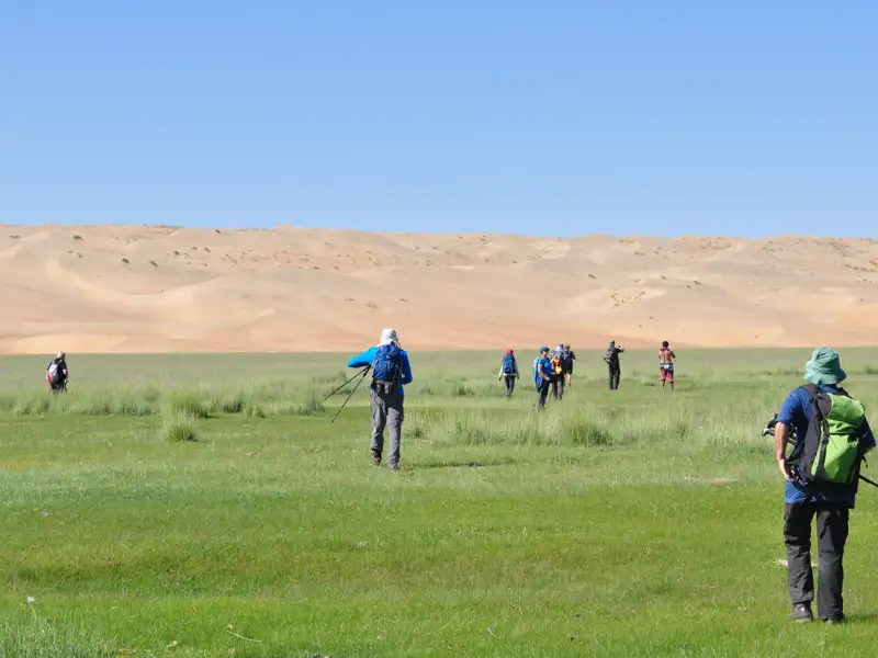 Wandergruppe in einer grünen Oase vor dem Hintergrund von Sanddünen.