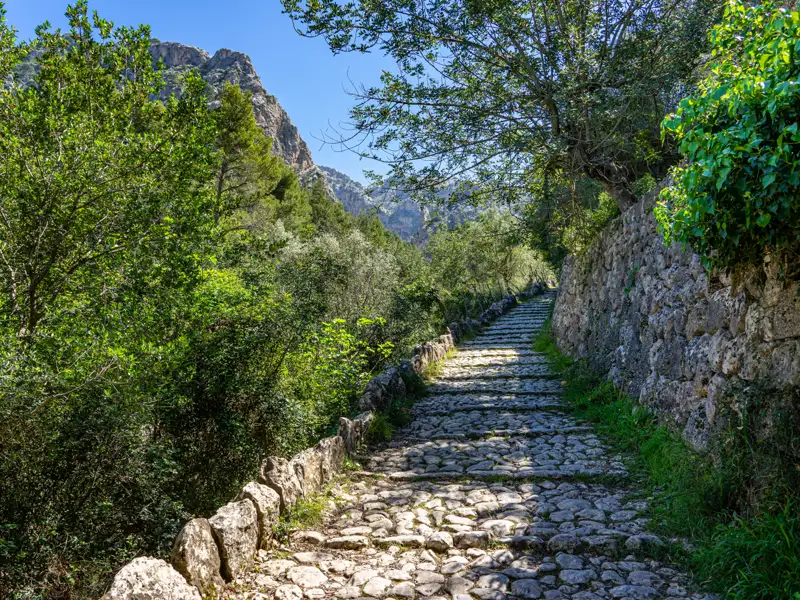 Gepflasterter Weg in den Bergen.