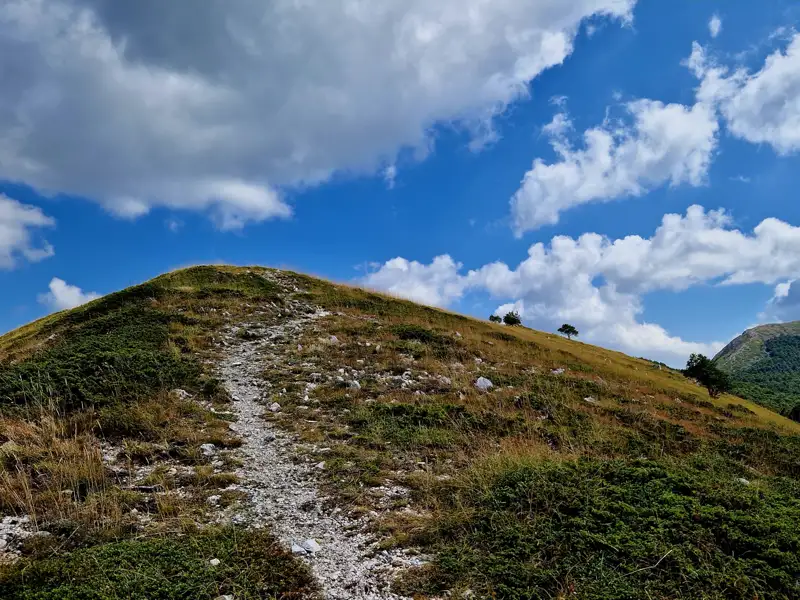 Wanderweg auf einem Hügel unter blauem Himmel mit Wolken.