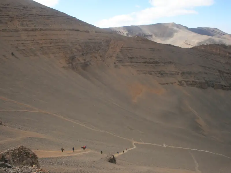 Wanderer auf einem Bergpfad in einer trockenen, bergigen Landschaft.