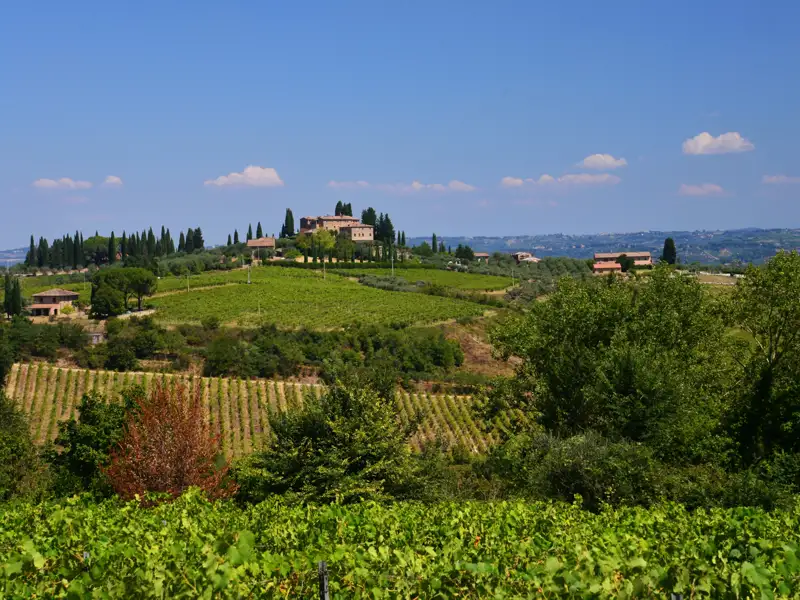 Panoramablick auf die Weinberge und ein Landgut in der hügeligen Landschaft der Toskana.