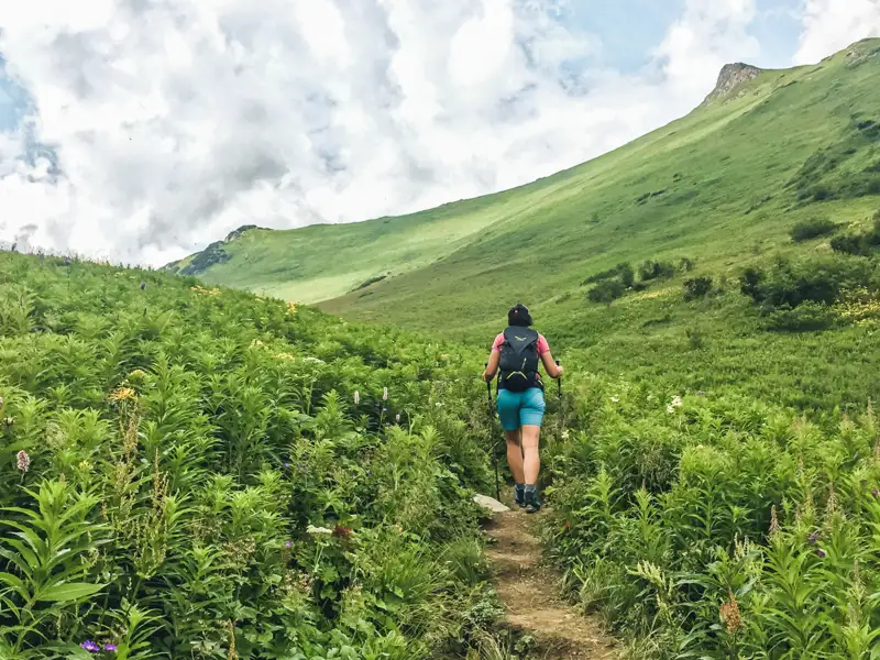 Wanderer auf einem Bergpfad inmitten grüner Vegetation.