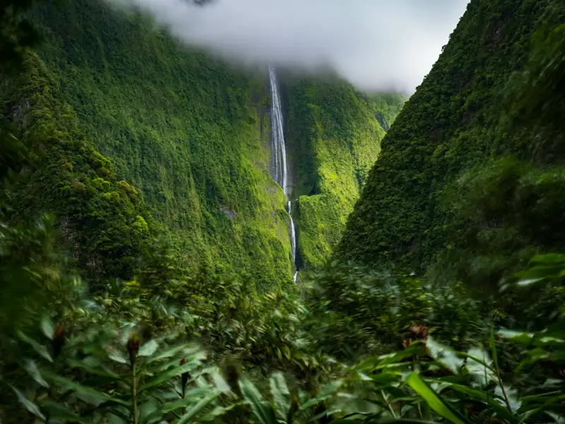Wasserfall und bewachsene Berge