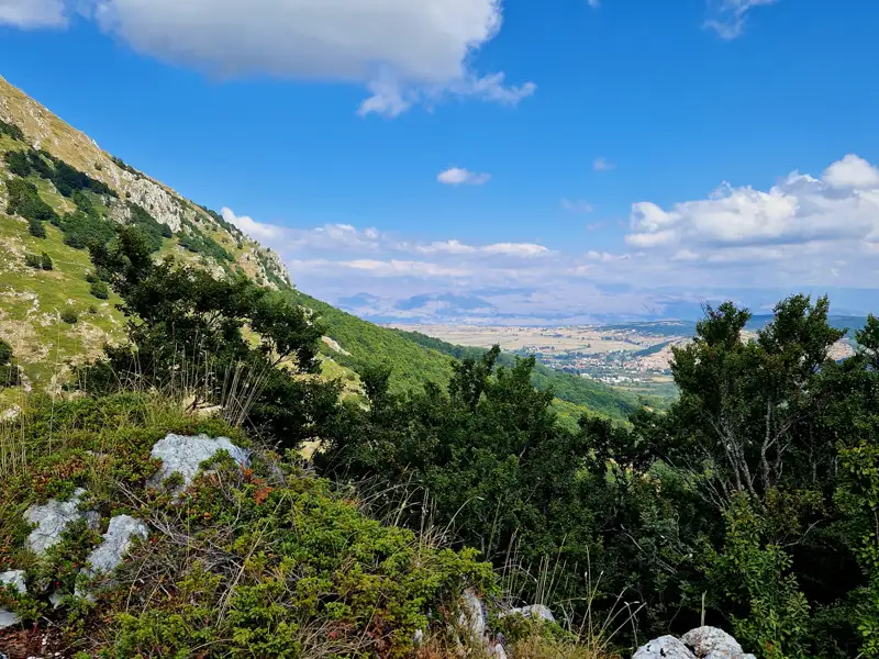 Panoramablick vom Berghang auf das Tal.