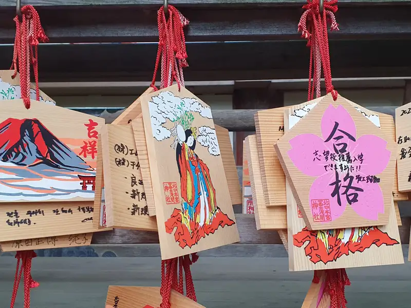 Nahaufnahme von verschiedenen Ema, die Wünsche für Erfolg bei Prüfungen und andere Anliegen zeigen.