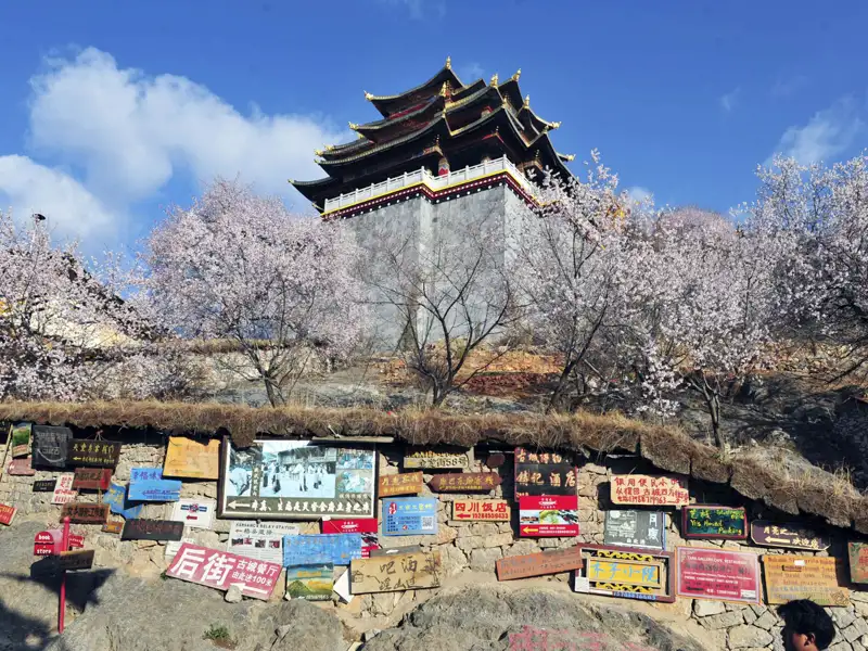 Traditionelles mehrstöckiges Gebäude mit blühenden Bäumen und einer Schilderwand im Vordergrund.