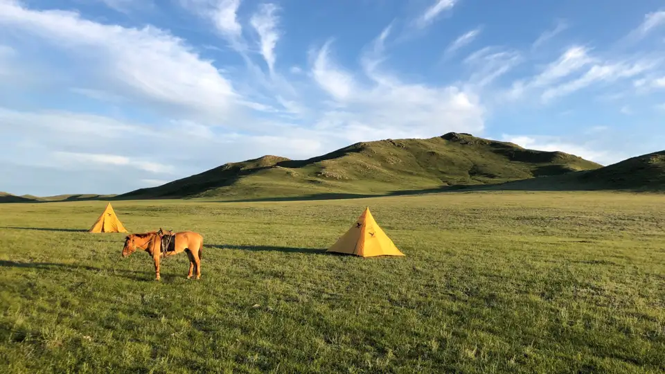 Pferd und Zelte in einer grünen Hügellandschaft.